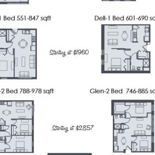A selection of apartment floor plans with varying square footage and starting prices.