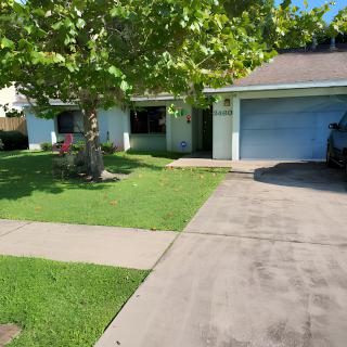 A suburban house with a garage, driveway, and a well-maintained front yard featuring a large tree.