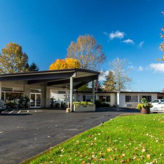 A modern building surrounded by autumn trees and a clear blue sky.