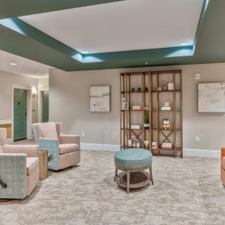 A modern lounge area with comfortable seating and stylish decor.