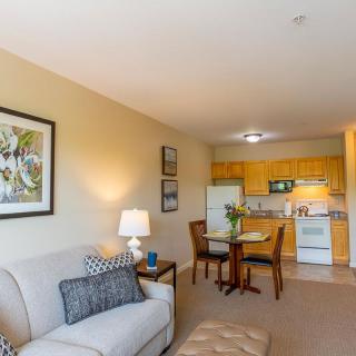 A cozy apartment interior featuring a living room with a sofa and lamp, and an adjoining kitchen and dining area.