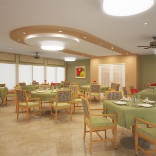 A modern dining area with neatly arranged tables and chairs, featuring soft lighting and elegant interior design.