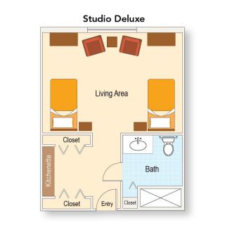 Floor plan of a Studio Deluxe with living area and bathroom.