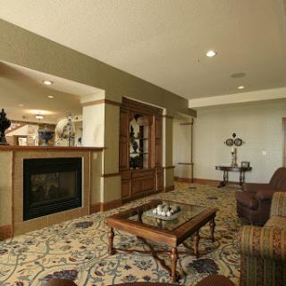 A cozy living room featuring a fireplace, elegant furnishings, and a decorative rug.