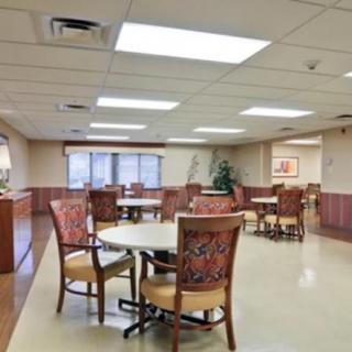 A spacious and well-lit dining area with multiple tables and chairs, featuring large windows and decorative plants.