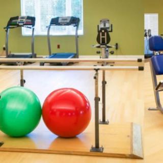 A gym with exercise equipment, including treadmills and stability balls.