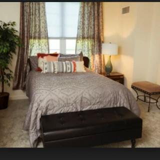 A cozy bedroom with a neatly made bed, patterned curtains, and a bedside lamp.