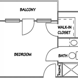 A detailed floor plan of a bedroom with an attached balcony, walk-in closet, and bathroom.