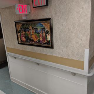 A hospital corridor featuring a decorative artwork on the wall and an exit sign above.