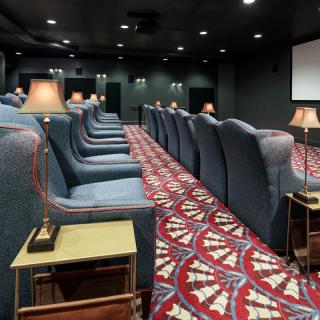 A luxurious cinema with comfortable seating and stylish decor.