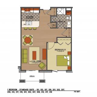 One-bedroom apartment floor plan with living room, kitchen, bathroom, and balcony.