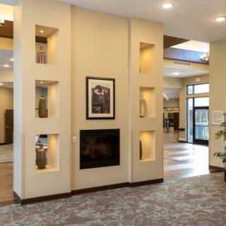 A modern living room featuring a central fireplace and decorative shelving.
