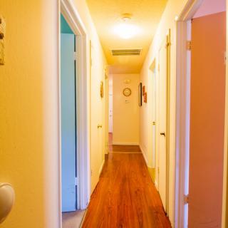 A brightly lit hallway with multiple doors and a wooden floor.