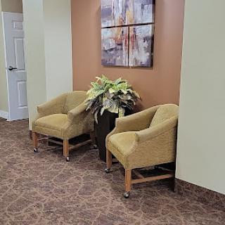 A cozy waiting area featuring two chairs and a decorative plant, complemented by wall art.