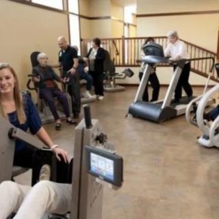 A group of people exercising on various gym equipment, including treadmills and stationary bikes.