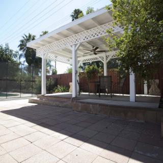 A sunlit patio features a white pergola providing shade, surrounded by trees and a fenced area.