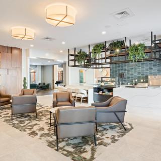 A modern and spacious lobby with comfortable seating, stylish lighting, and decorative plants.