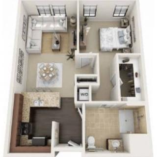 A 3D floor plan of a one-bedroom apartment with a kitchen, living room, and bathroom.