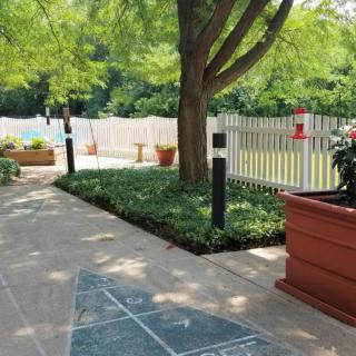 A serene garden pathway bordered by lush greenery and a white picket fence.