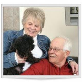 An elderly couple smiling while holding their small dog indoors.