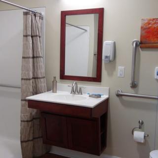 A modern bathroom with a sink, mirror, shower, and accessibility features.