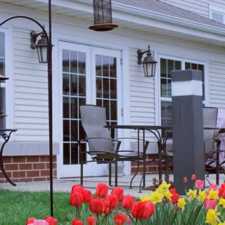 A cozy backyard patio with outdoor seating, vibrant tulips, and decorative lanterns.