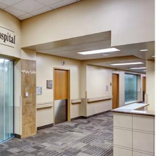 A modern hospital corridor featuring elevators and a clean, well-lit hallway.