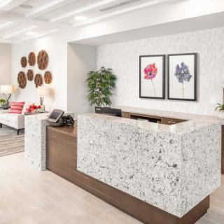 A modern office reception area with a marble counter and stylish decor.
