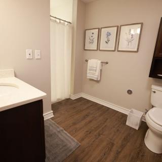 A modern bathroom with wooden flooring, featuring a sink, toilet, and shower area. Framed artwork decorates the wall above neatly hung towels.