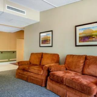 A cozy living room with two plush orange sofas and framed artwork on the wall.