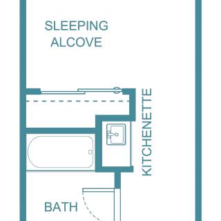 Studio apartment floor plan featuring a sleeping alcove, kitchenette, and bathroom.