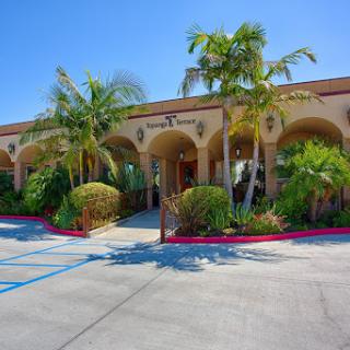 A picturesque building surrounded by palm trees and a clear blue sky, featuring a well-kept parking lot.