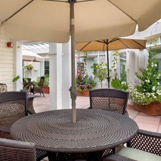 A cozy outdoor patio setup with a table, chairs, and an umbrella, surrounded by lush plants.