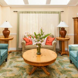 A cozy living room with elegant furniture, featuring a sofa, lamps, and a central coffee table adorned with flowers.