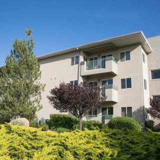 A modern apartment building with balconies, surrounded by landscaped plants and trees under a clear blue sky.