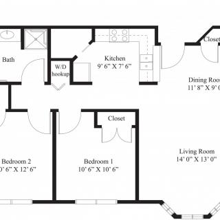 Floor plan of an apartment with two bedrooms, kitchen, dining room, living room, and bath.