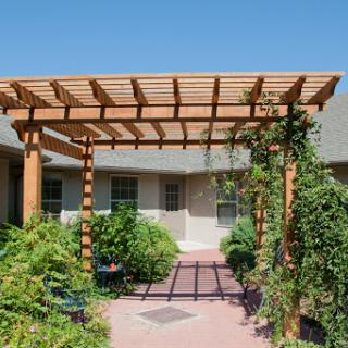 A beautiful wooden pergola adorned with lush greenery, creating a serene entrance to the garden.