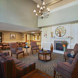 A cozy lounge area with comfortable seating, a fireplace, and a chandelier.