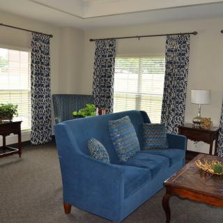 A stylish living room featuring a blue sofa, patterned curtains, and wooden furniture with decorative plants.