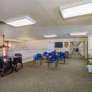 A spacious waiting area with blue chairs and carpet flooring, featuring modern ceiling lights.