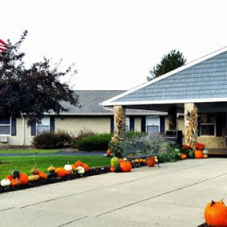 A beautifully decorated front yard with a line of pumpkins, showcasing the spirit of autumn.