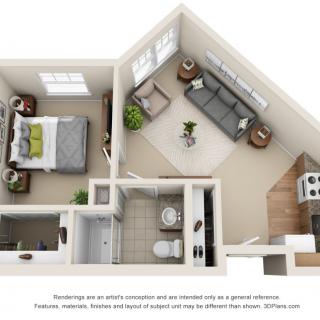 A 3D floor plan of a one-bedroom apartment featuring a living room, kitchen, and bathroom.