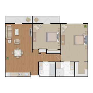 A modern apartment floor plan with two bedrooms, a living room, kitchen, and bathroom.