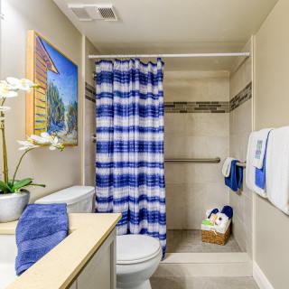 A neatly designed bathroom featuring a blue and white shower curtain, complemented by matching towels and a potted plant.