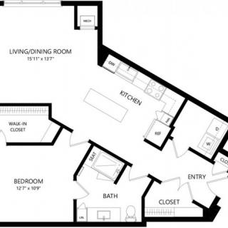 This image is a floor plan of an apartment featuring a living/dining room, bedroom, kitchen, bath, closet, and entryway.