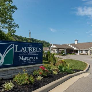 A welcoming entrance to a facility with neatly landscaped surroundings and a clear blue sky.