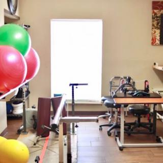 A physical therapy room equipped with exercise equipment and colorful therapy balls.