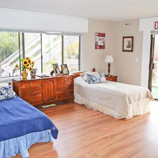 A bright bedroom with two single beds and a large window.