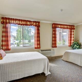 A bright bedroom with two beds, large windows, and patterned curtains.