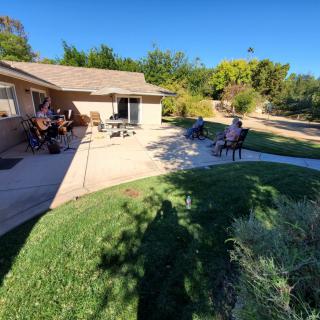 A group of people enjoying a sunny day in the yard of a house with trees in the background.